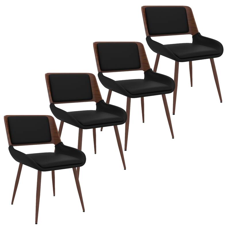 Mid-Century Modern Faux Leather, Metal and Wood Dining Chair Set of 4 - Black and Walnut