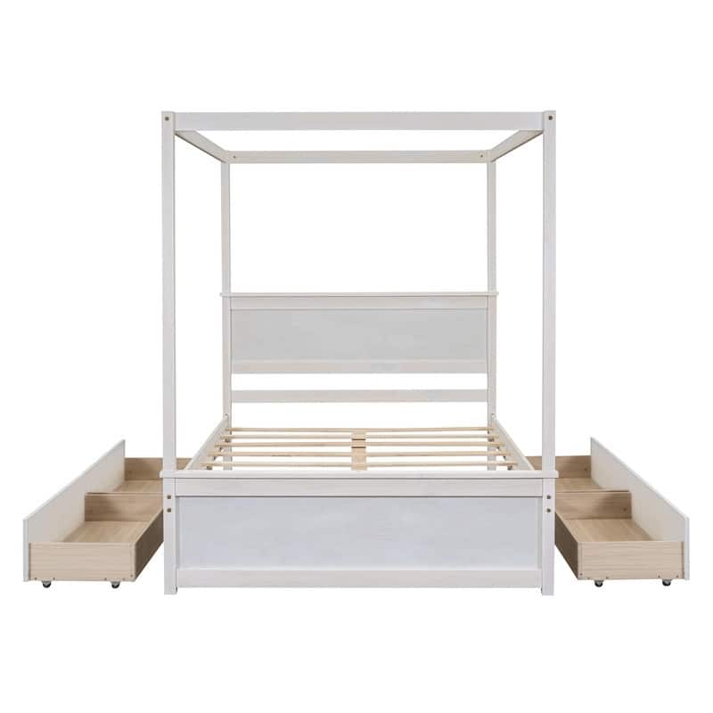 Full Size Wood Canopy Bed with 4 Drawers