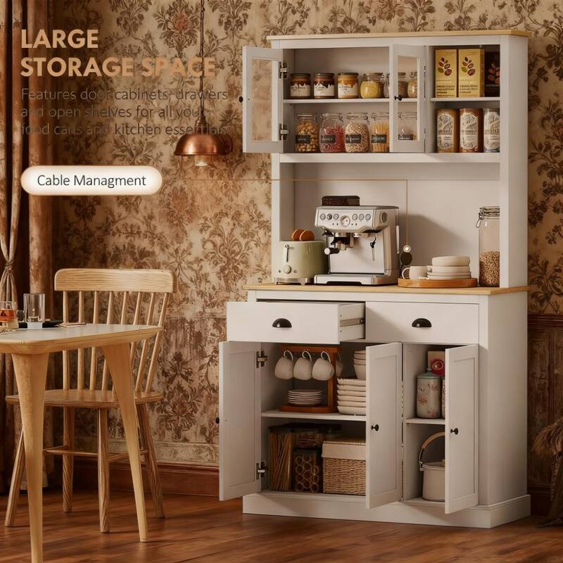 71" Tall Freestanding Kitchen Pantry Cabinet with Adjustable Shelves and Glass Doors