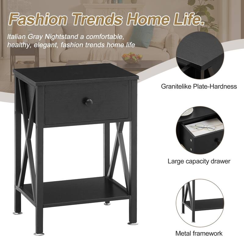 VECELO Mid Century Modern Nightstand with Storage Shelves, Set of 2 Nightstands, End Table/Side Table