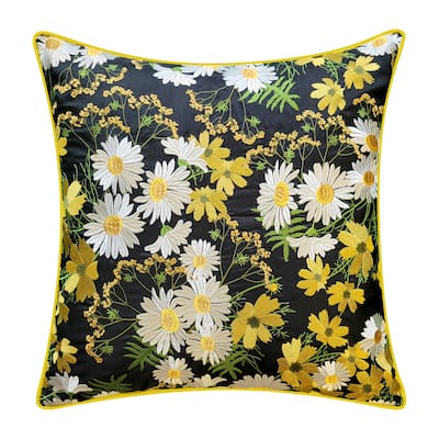 Edie At Home Indoor/Outdoor Floral Print with Allover Embroidery Decorative Throw Pillow 20x20, Black Multi
