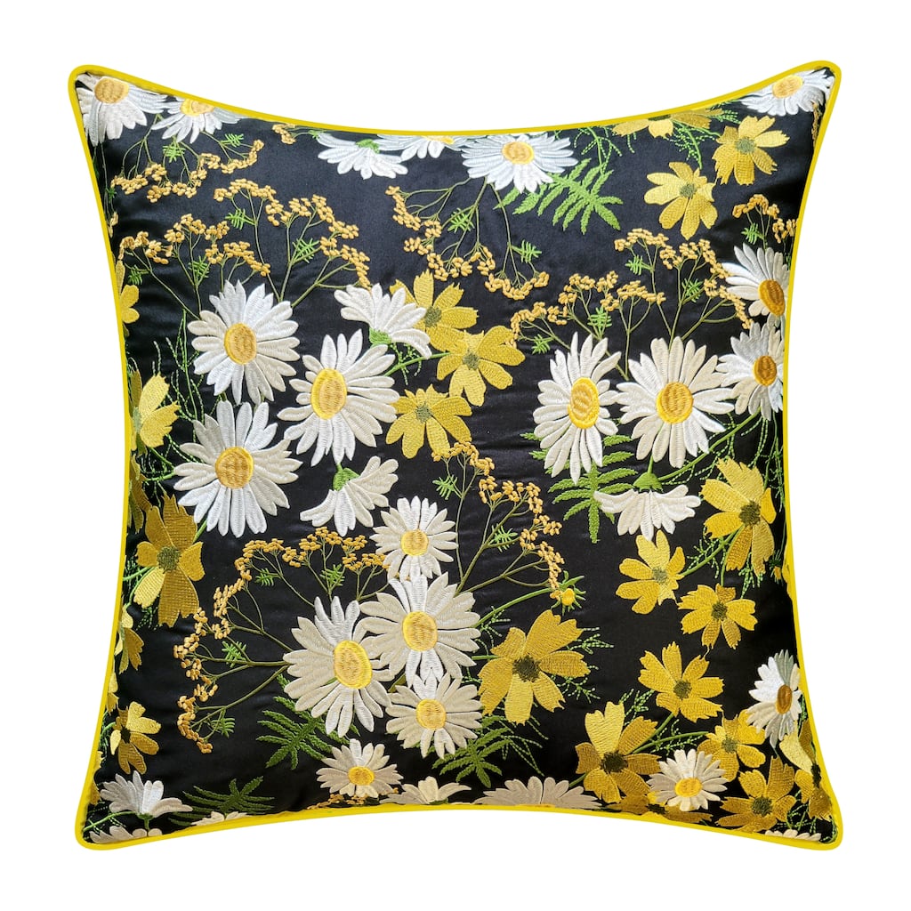 Edie At Home Indoor/Outdoor Floral Print with Allover Embroidery Decorative Throw Pillow 20x20, Black Multi