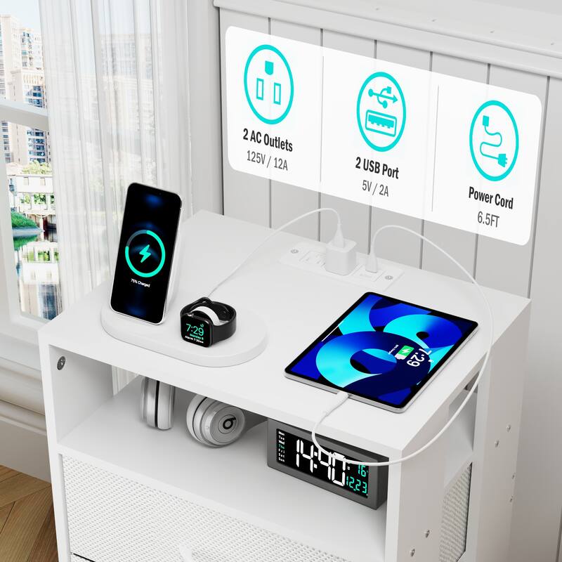 Modern Nightstand with Charging Station, LED Light, and Fabric Drawers