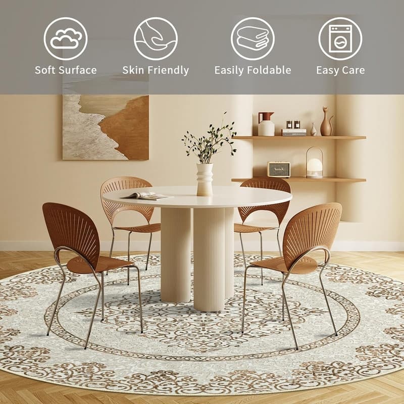 Round Rug 5ft Area Washable Boho Neutral Circle Rugs - 5' (Round)