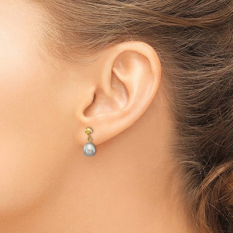 Curata 14k Yellow Gold Post Earrings 6-6.5mm Grey Freshwater Cultured Pearl Dangle Earrings (13x6.5mm)