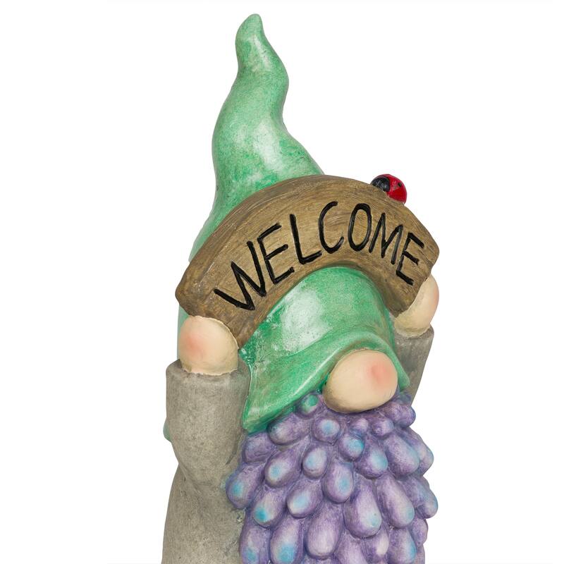 Gnome with Green Hat Holding Up "Welcome" Sign
