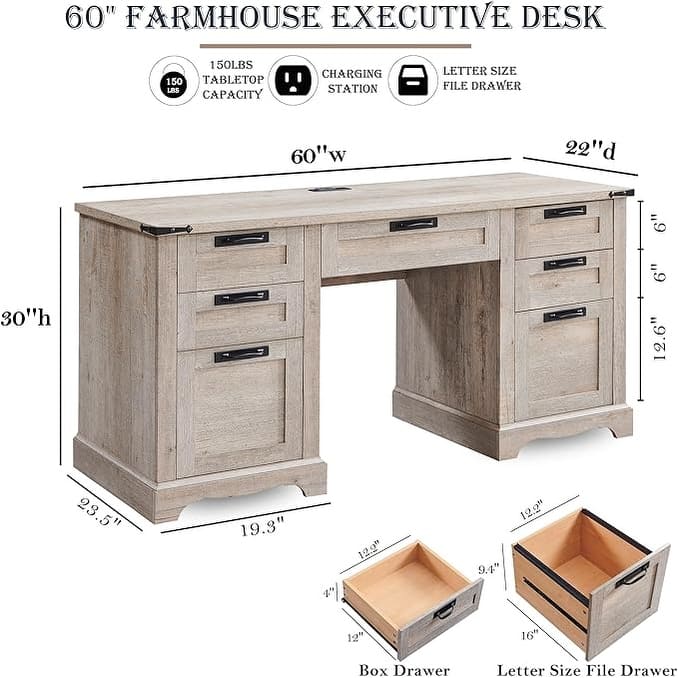 60" Farmhouse Executive Desk, Wood Home Office Desk, Computer Desk