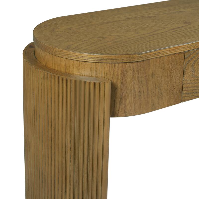 TREXM Entryway Table with Natural Wood Grain Finish, Console Table with Fluted Design, Oval Top and 2 Drawers