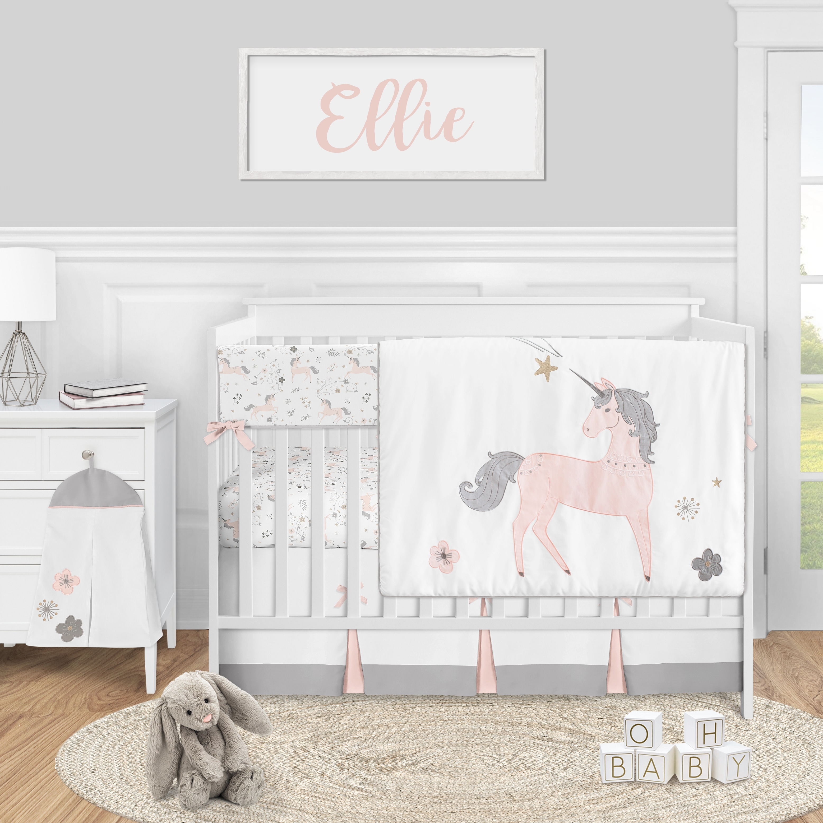 Unicorn Collection Girl 5-piece Nursery Crib Bedding Set - Blush Pink Grey and Gold
