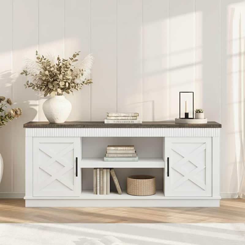 Fluted TV Stand, with 2 Door &Open Storage Shelf - White