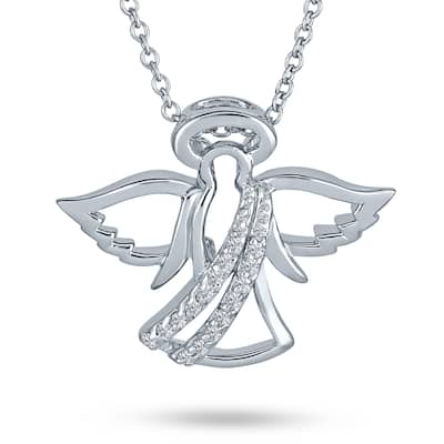 Guardian Angel Pendant Necklace CZ Accents Sterling Silver