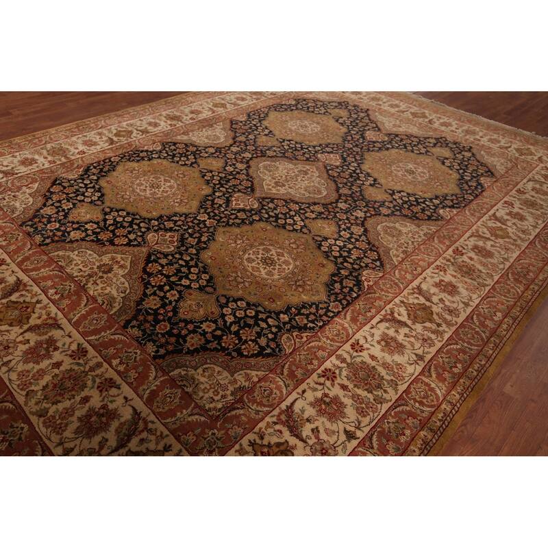 Black Floral Agra Oriental Area Rug Hand-Knotted Wool Carpet - 9'4" X 12'8"