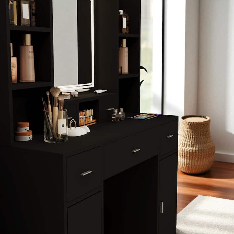 43" Vanity Desk with LED Mirror & Lights, Hair Dryer Rack, 5 Drawers, 2 Cabinets & Stool, Makeup Dressing Table for Bedroom
