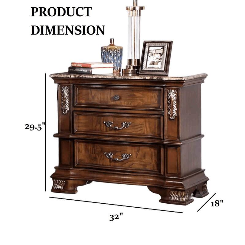 Traditional Nightstand - Brown Cherry Finish with Marble Top