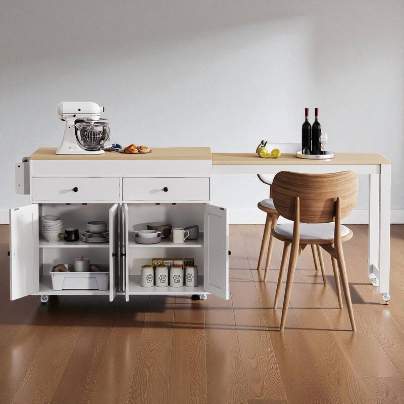 74.5" Extendable Kitchen Island with Dining Table, Rolling Storage Cart with 4 Doors, 2 Drawers, and Spice Rack