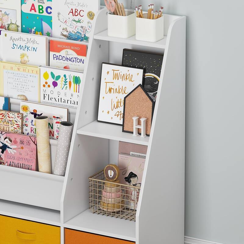COSTARS Kids Bookshelf and Toy Storage, 5-Tier Sling Montessori Bookshelf with Bins, Wood Childrens Bookcase Organizer