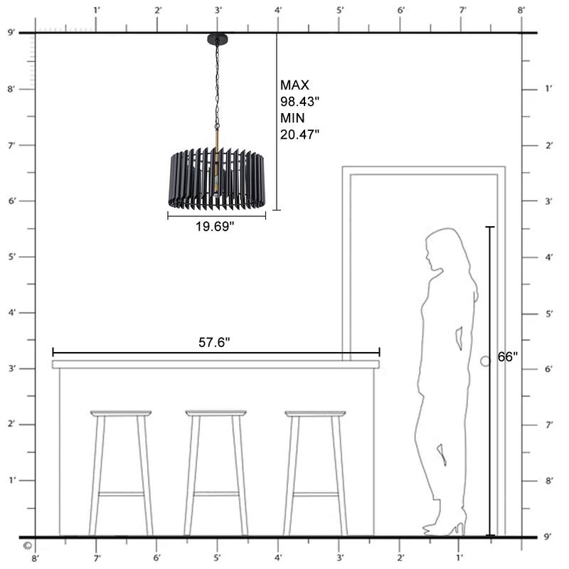 Modern Industrial Black Slatted Drum Pendant Light Fixture - Dia.19.69-in