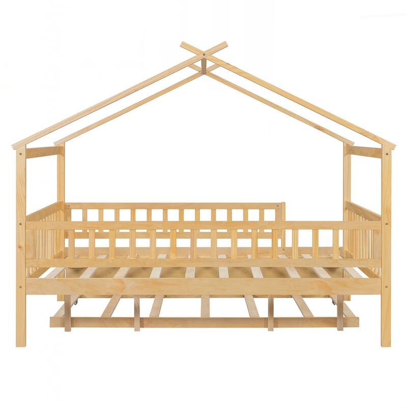 Full Size Wooden House Bed with Twin Size Trundle