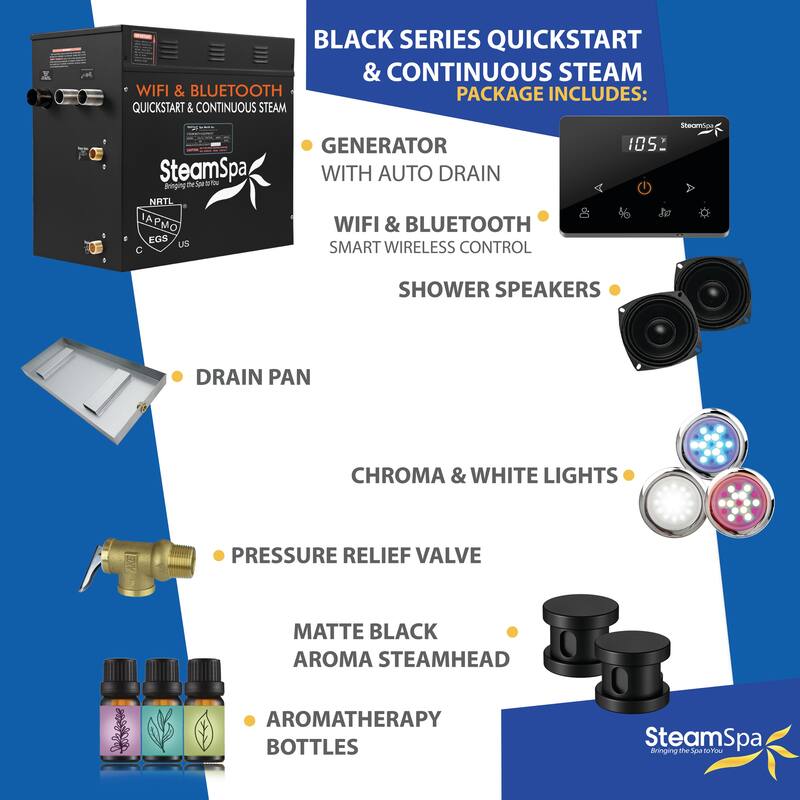Black Series Steam Bath Generator with Fully Wireless Remote, BLUETOOTH, WIFI, and Auto Drain - 12 KW