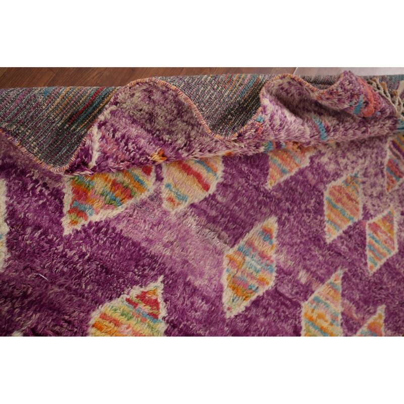 Geometric Purple Moroccan Abstract Area Rug Hand-Knotted Wool Carpet - 5'8"x 10'3"