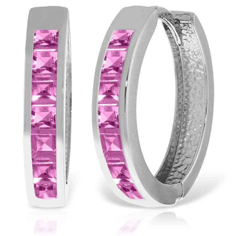 14K Solid Gold Hoop Huggie Gemstone Earrings w/ Pink Sapphires - White