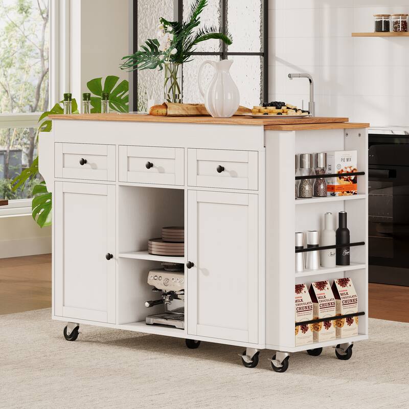 85.5"Kitchen Island with Extendable Dining Table, with 3 Side Open Shelves,Rolling Island with Power Outlet,3 Drawers,2 Doors