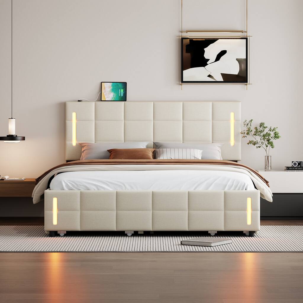 Queen Size Upholstered Platform Bed with Trundle and Drawers