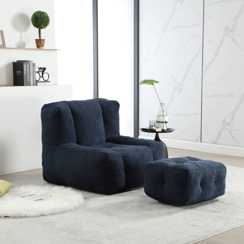 Modern Velvet Fluffy Bean Bag Chair with Ottoman, Set of 1 - Blue