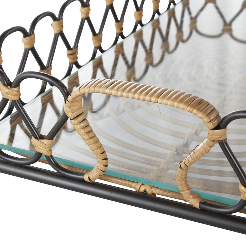 Metal Circular Woven Living Room Decor Tray with Glass Base - Black - Roche River Decor