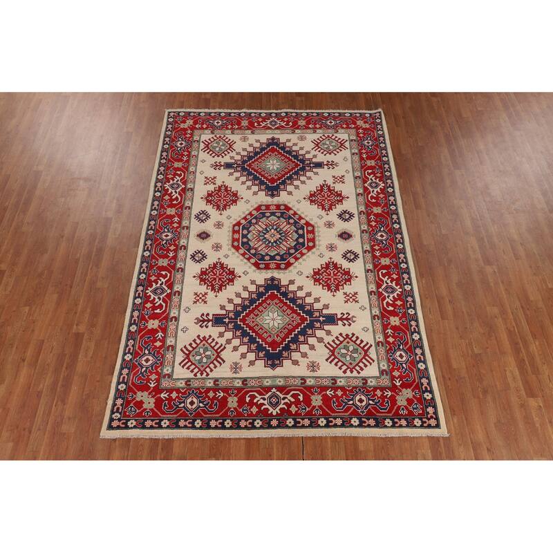 Geometric Kazak Area Rug Hand-Knotted Beige Oriental Wool Carpet - 6'9" x 9'9"
