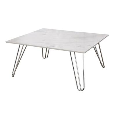 36 Inch Square Coffee Table with White Faux Marble Top, Chrome Hairpin Legs