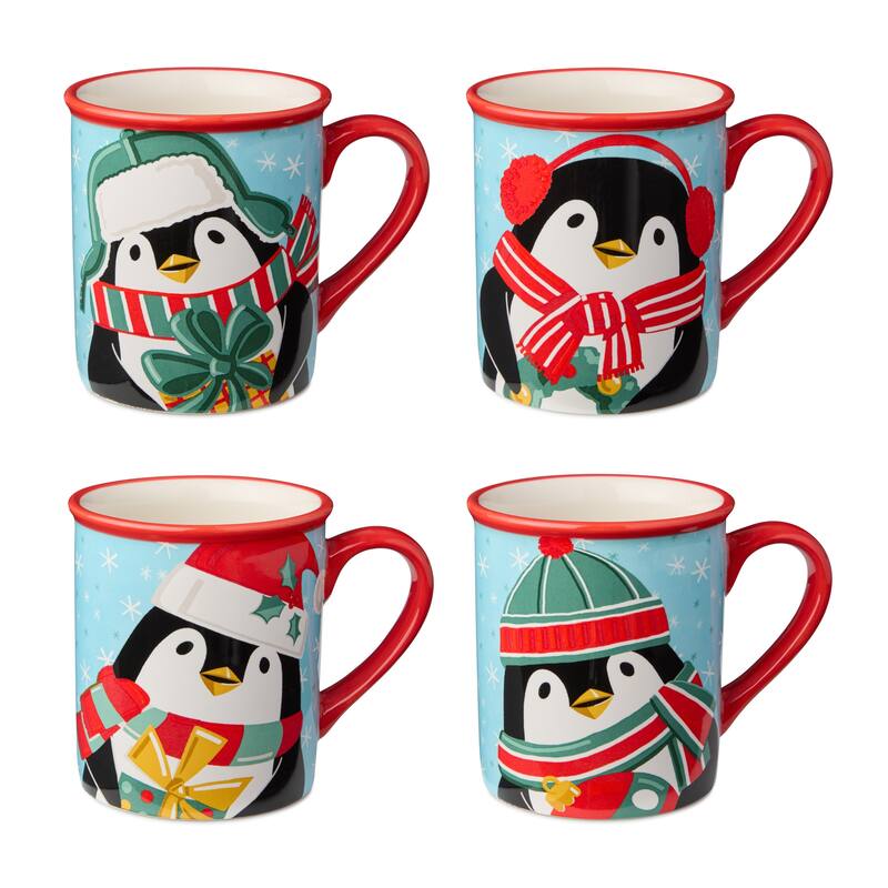 Certified International Christmas Whimsy Penguin Set of 4 Mugs 18 oz. Assorted Designs
