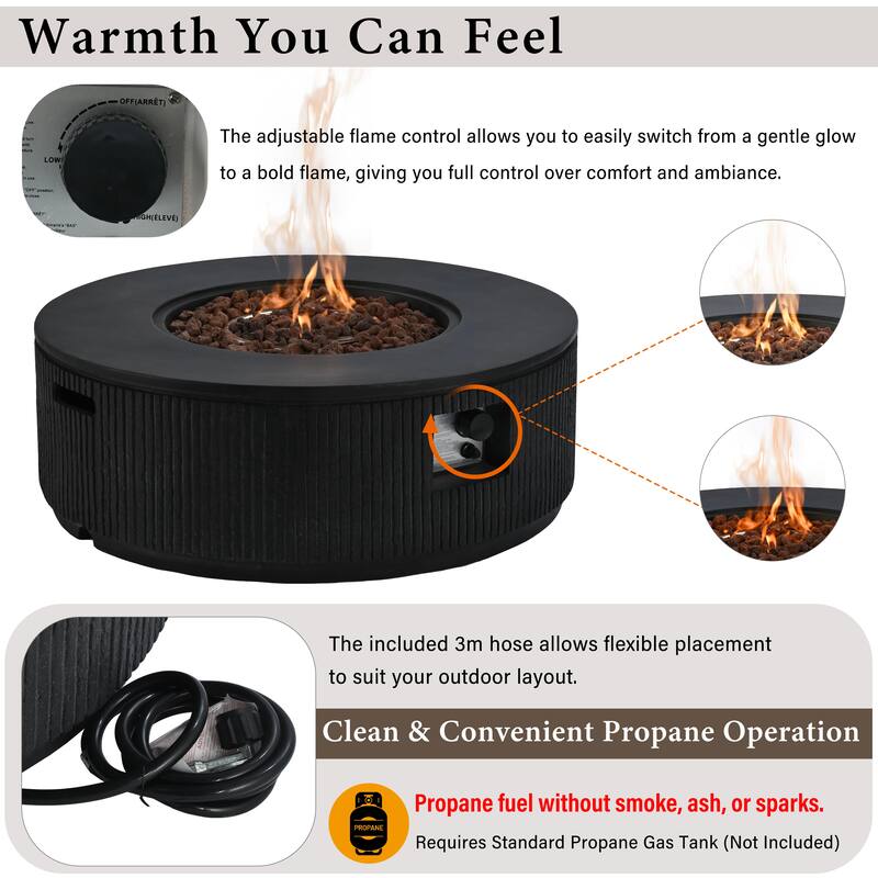 38.19" Propane Outdoor Fire Pit with Vertical Stripe Design, 50000 BTU Round Fire Pit Table with Steel Burner, Flame Control