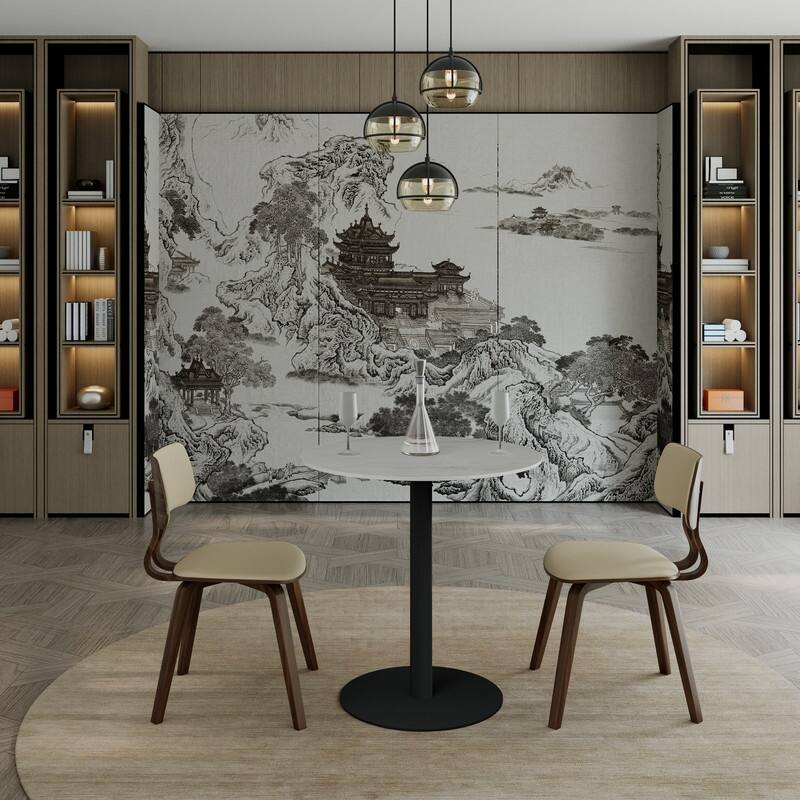 Vail Round Dining Table 27 in. Sintered Stone Tabletop in Black Stainless Steel Round Pedestal Base for Kitchen and Dining Room