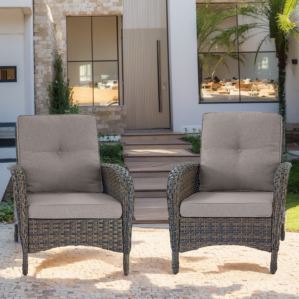 2 Piece PE Rattan Outdoor Dining Chairs with Cushion - Brown