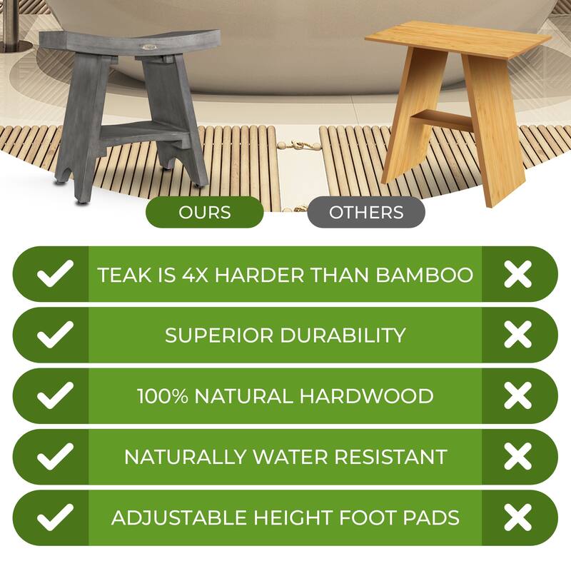 CoastalVogue Serenity Antique Gray Teak Wood Shower Stool with Curved Seat 18-inches Wide x 18-inches High