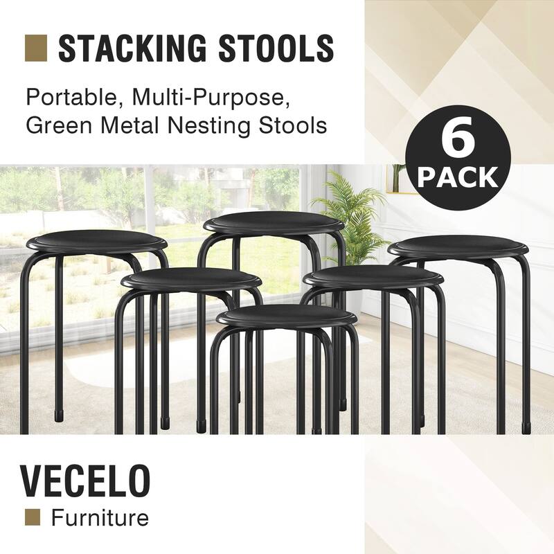VECELO 6-Pack Stacking Stools for Living Room Backless Round Stools Set Indoor Outdoor Use with Metal Frame & Non-Slip Feet