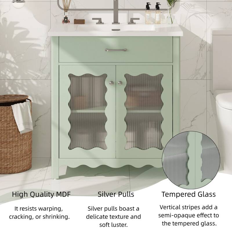 31" Bathroom Vanity with Tempered Glass, Ceramic Sink, Rubber Wood Legs & Soft-Close Doors