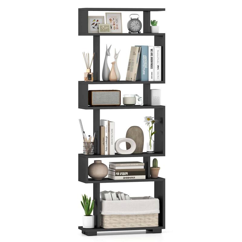 1/2 PCS 6 Tier Geometric Bookcase 64" Tall S-Shaped Bookshelf - Black - 1 pcs