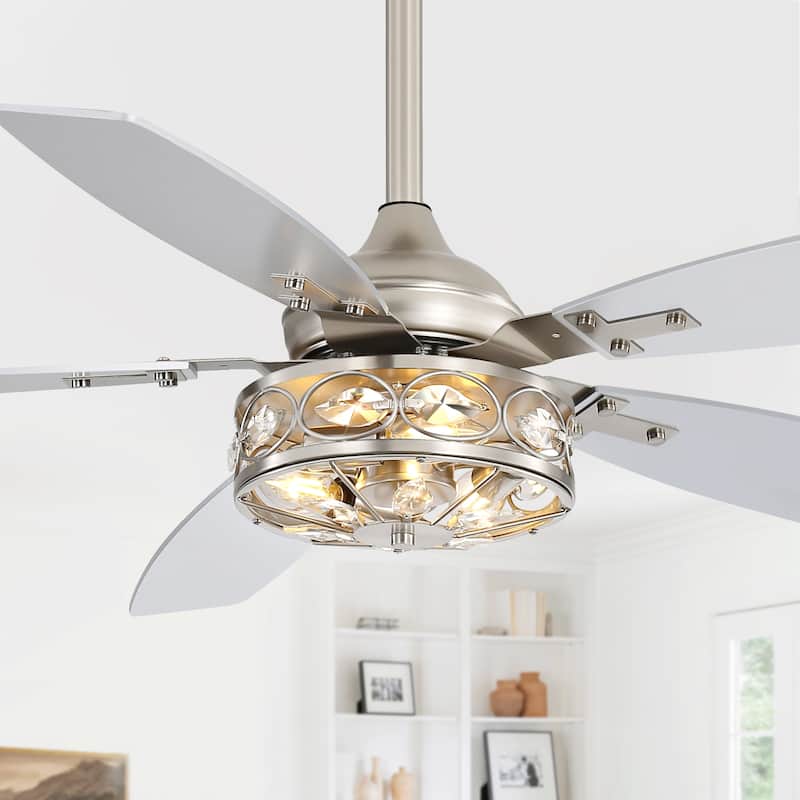 48" Wood 5-Blade Crystal Fandelier Ceiling Fan with Remote and Light - Industrial Vintage-Stain Nickel