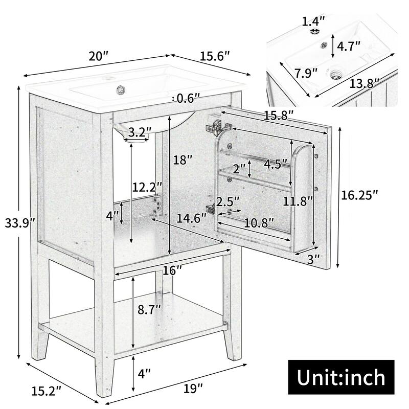 20" Modern Bathroom Vanity with Sink, Soft Close Door, Storage Rack & Open Shelf, Freestanding Cabinet