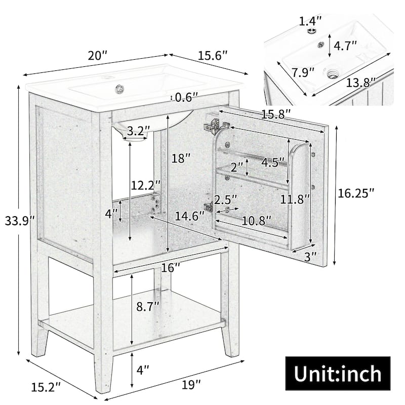 Roomfitters 20" Bathroom Vanity with Sink Soft Closing Door Storage Rack and Open Shelf Compact Modern Design