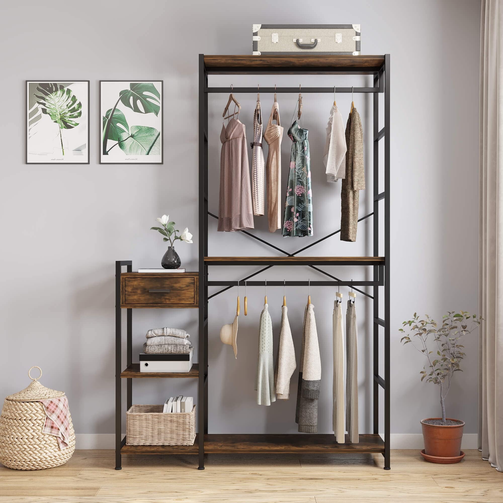 Free-Standing L Shaped Closet Clothing Rack, Independent wardrobe manager,  clothes rack, multiple storage racksLarge Heavy Duty Clothing Storage  Shelving Unit for Bedroom Laundry Room, Brown