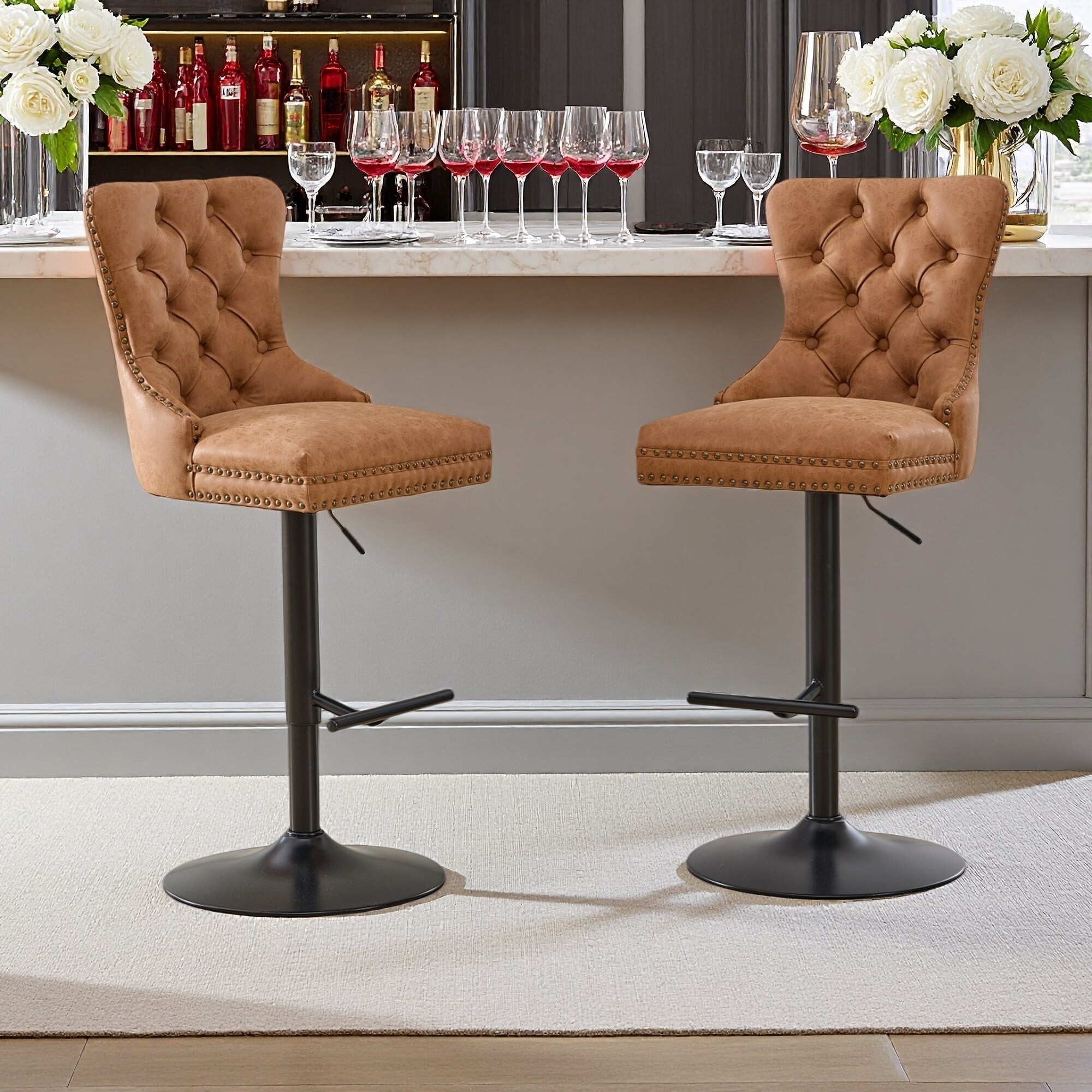49.9"H Set of 2 Velvet Swivel Bar Stools with Tufted Back, Adjustable Height & Chrome Base