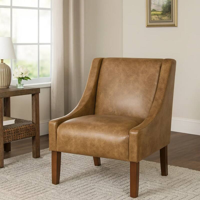 Accent Chair, Distressed Brown Faux Leather with Sloped Arms