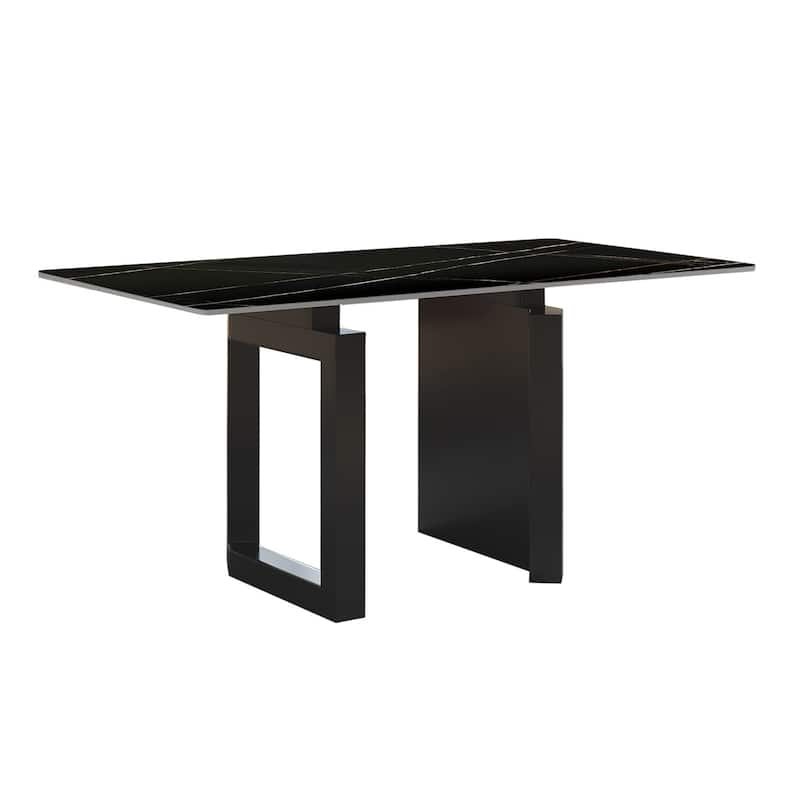 Modern Rectangle Stone Tabletop Black Titanium Stainless Double Pedestal Dining Table