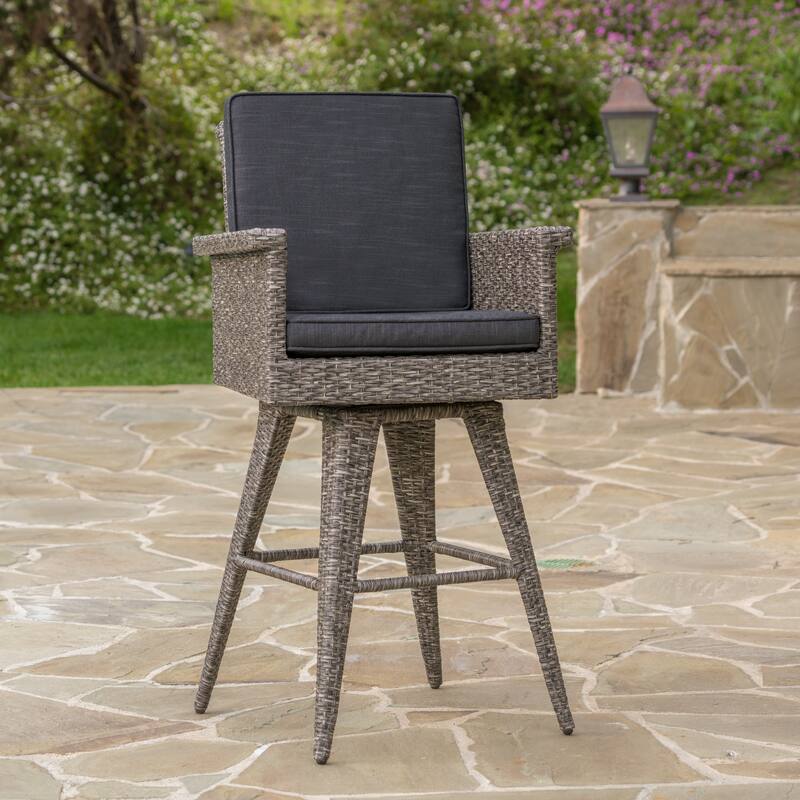 Patio Wicker Bar Stool, Counter Stool with Water Resistant Cushions and Trumpet Legs Outdoor Bar Chair, High Back Bar Stool