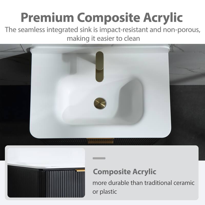 Modland Fluted Floating Vanity with Sink, Plywood Wall Mount Cabinet, Curved Edge, 24/30/36 Inch