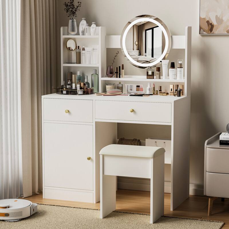 Bedroom Makeup Vanity Desk with Touch LED Light Mirror, Dressing Table with Upholstered Vanity Stool, White