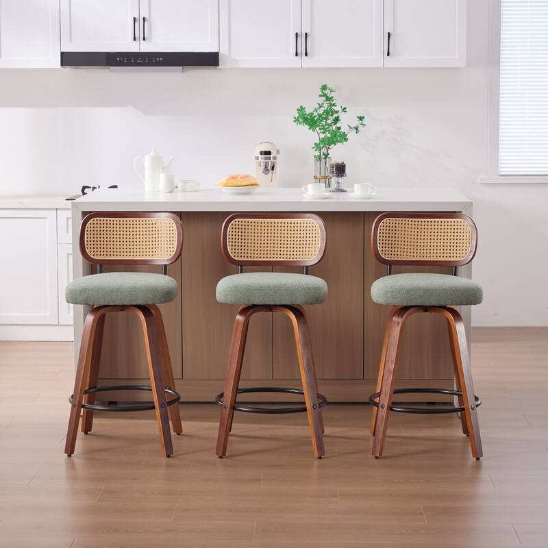 Roomfitters Upholstered Swivel Bar Stools Set of 3 with Rattan Back and Wood Legs, Modern Counter Height Dining Chairs